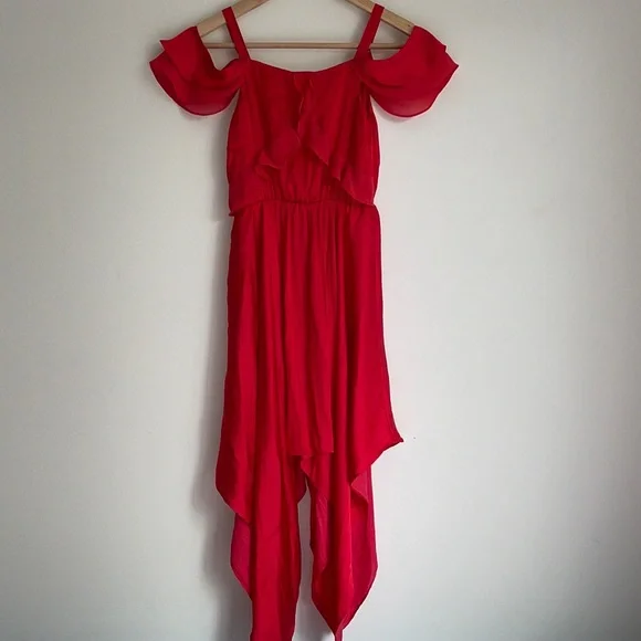 BARDOT JUNIOR | Red flounce high low off the shoulder dress - Picture 3 of 10